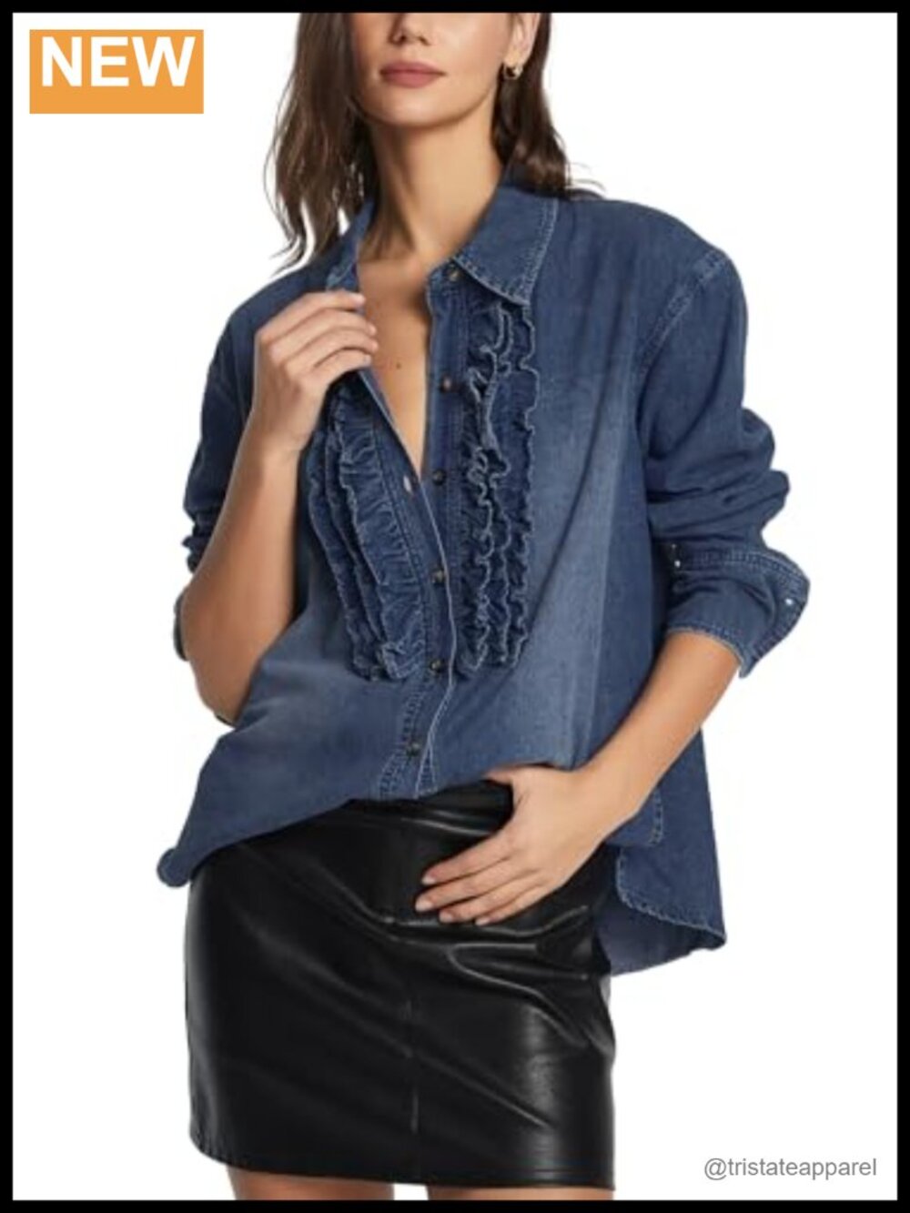 Women Denim Button Down Shirt Ruffled Long Sleeves Jean Blouse Cotton Polyester